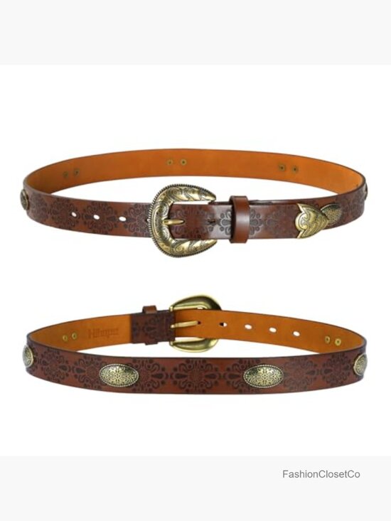Vintage Western Belt Faux Leather Retro Floral Carved Design Cowboy Belt for